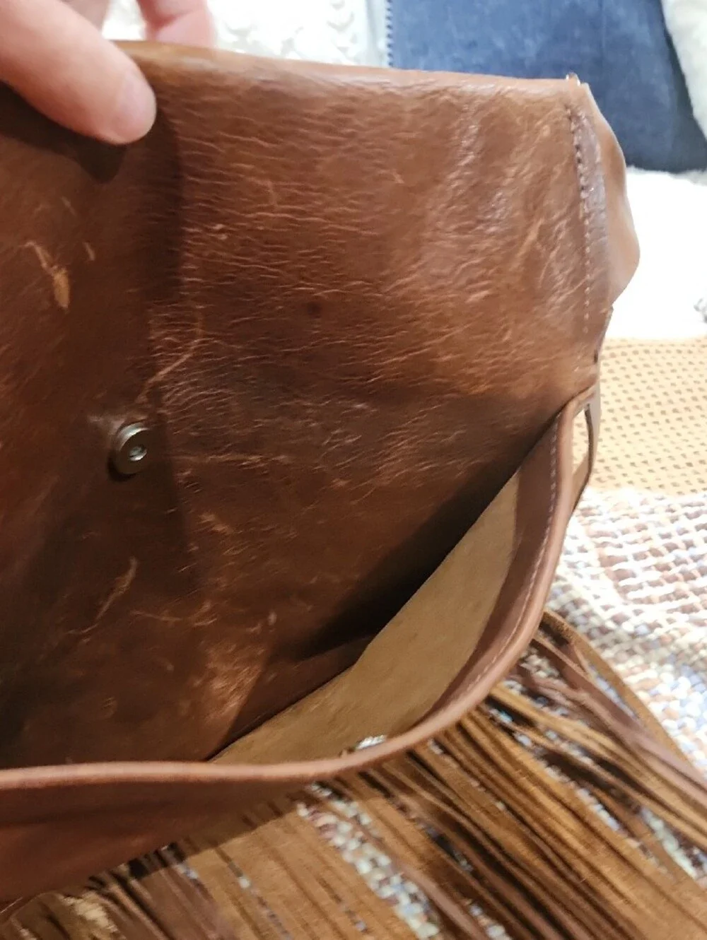 Brown Leather Fringe Crossbody Bag with Teal Croc Accent